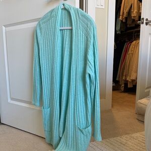 Light Aqua Ribbed Open-Front Women's Sweater Cardigan